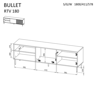 BULLET RTV-1 stolik RTV 180 cm czarny, nogi: złoty