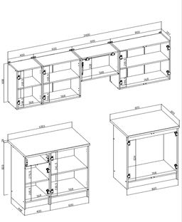 TAMARA 240 kitchen set, color: front - grey marble / black, body – carbon wood, worktop – grey