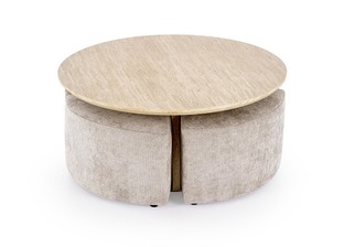 NUGAT coffee table with pouffes, table: travertine, pouffe: l.grey