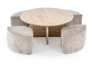 NUGAT coffee table with pouffes, table: travertine, pouffe: l.grey