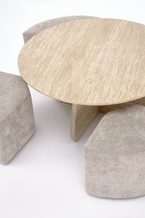 NUGAT coffee table with pouffes, table: travertine, pouffe: l.grey