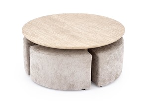 NUGAT coffee table with pouffes, table: travertine, pouffe: l.grey