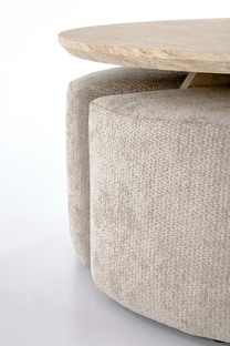 NUGAT coffee table with pouffes, table: travertine, pouffe: l.grey