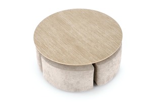 NUGAT coffee table with pouffes, table: travertine, pouffe: l.grey