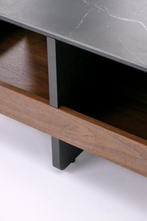 VICKER coffee table with pouffes, table top: black marble, frame: black / walnut, pouffe: d.grey