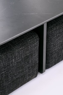 VICKER coffee table with pouffes, table top: black marble, frame: black / walnut, pouffe: d.grey