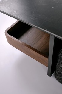 VICKER coffee table with pouffes, table top: black marble, frame: black / walnut, pouffe: d.grey