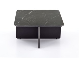VICKER coffee table with pouffes, table top: black marble, frame: black / walnut, pouffe: d.grey