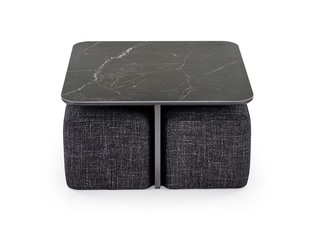 VICKER coffee table with pouffes, table top: black marble, frame: black / walnut, pouffe: d.grey