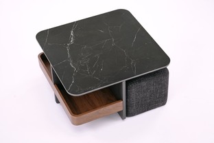 VICKER coffee table with pouffes, table top: black marble, frame: black / walnut, pouffe: d.grey