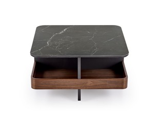 VICKER coffee table with pouffes, table top: black marble, frame: black / walnut, pouffe: d.grey
