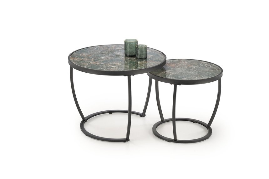 INES  set of two coffee tables, green marble / black