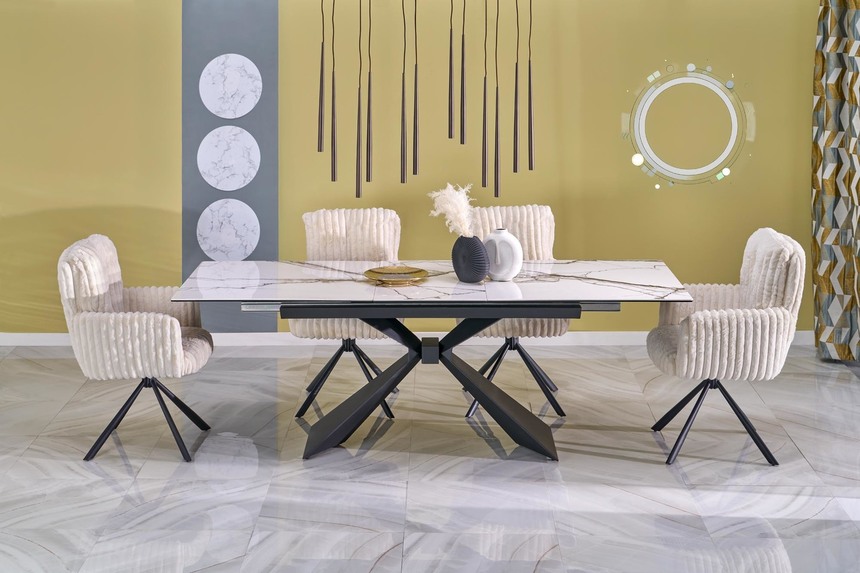 LUCIANO extension table, white marble / black