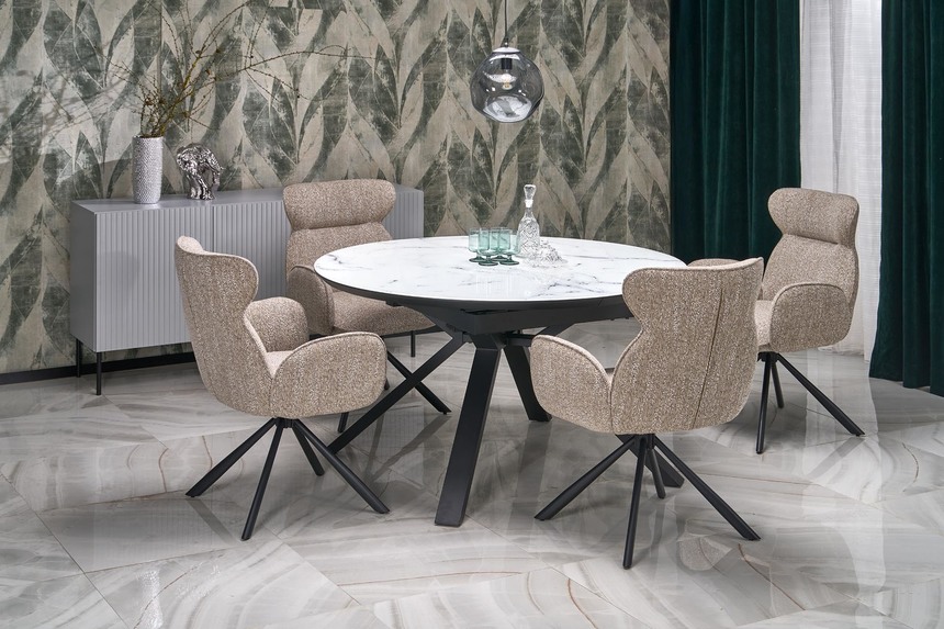 VERTIGO extension table, color: top - white marble, legs - black