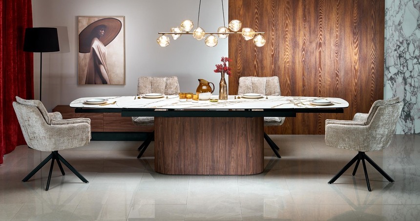 FLAVOR extension table, white marble / walnut