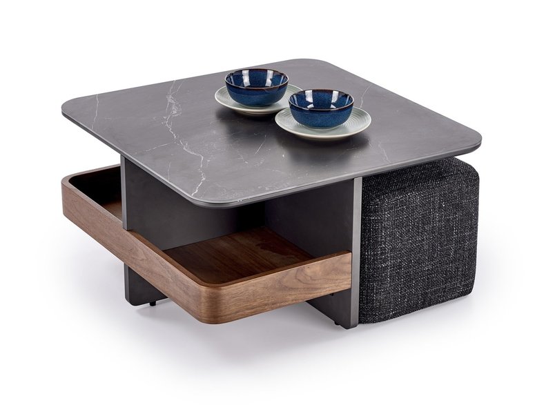VICKER coffee table with pouffes, table top: black marble, frame: black / walnut, pouffe: d.grey
